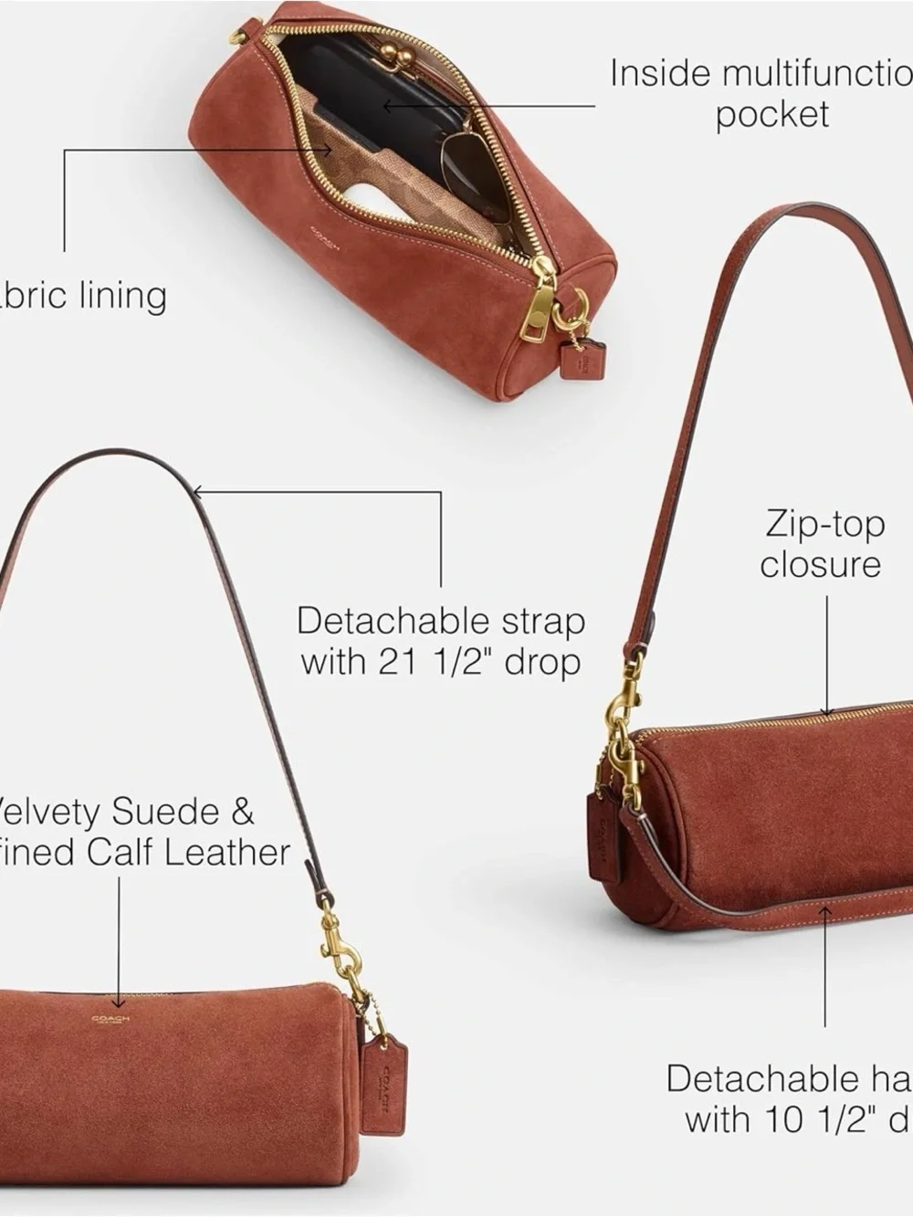 Coach Suede Barrel Shoulder Bag in Rust Brown with Gold Hardware